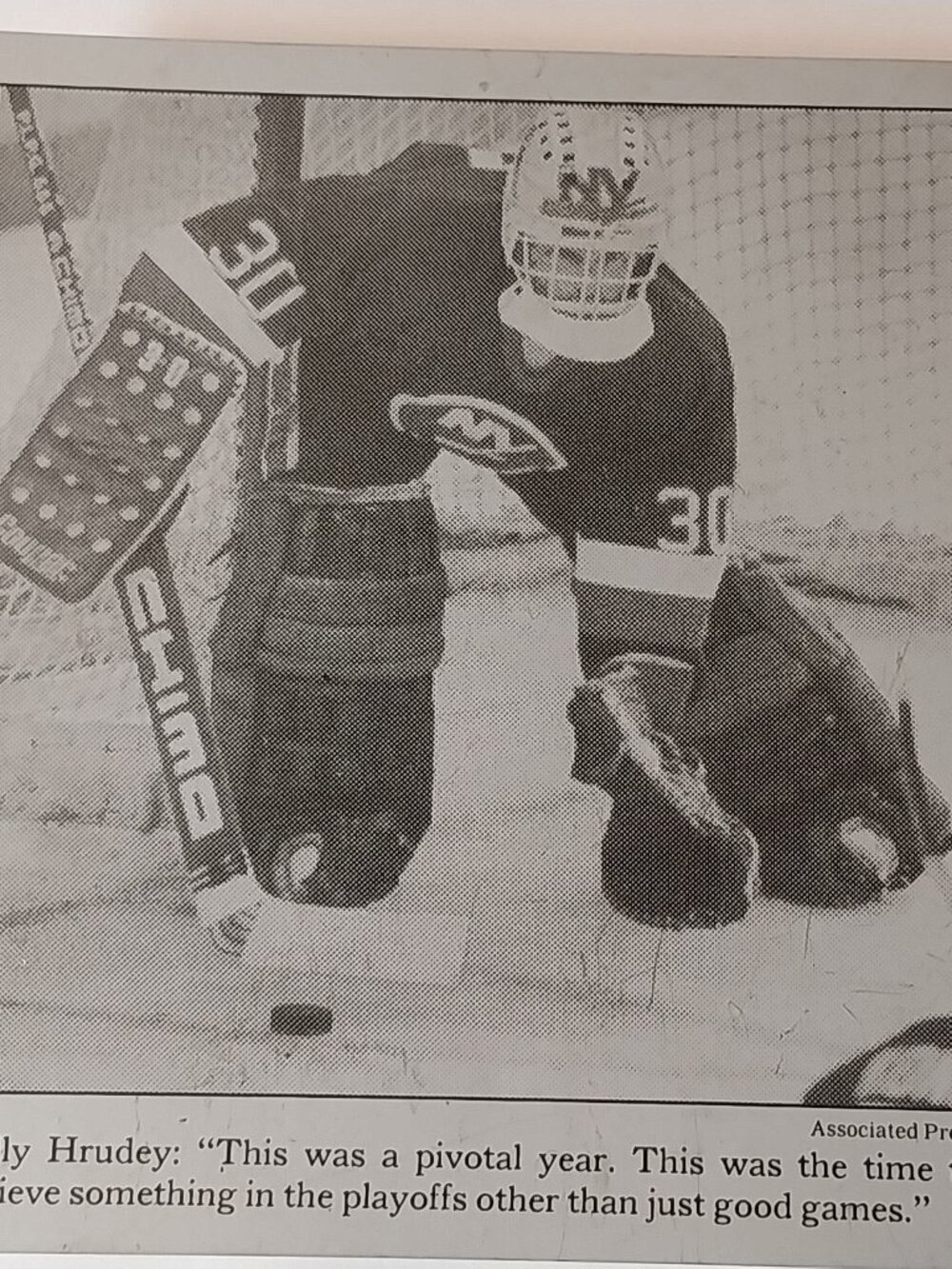 HOCKEY Kelly Hrudey NY ISLANDERS Newspaper Clipping Reprint on Metal